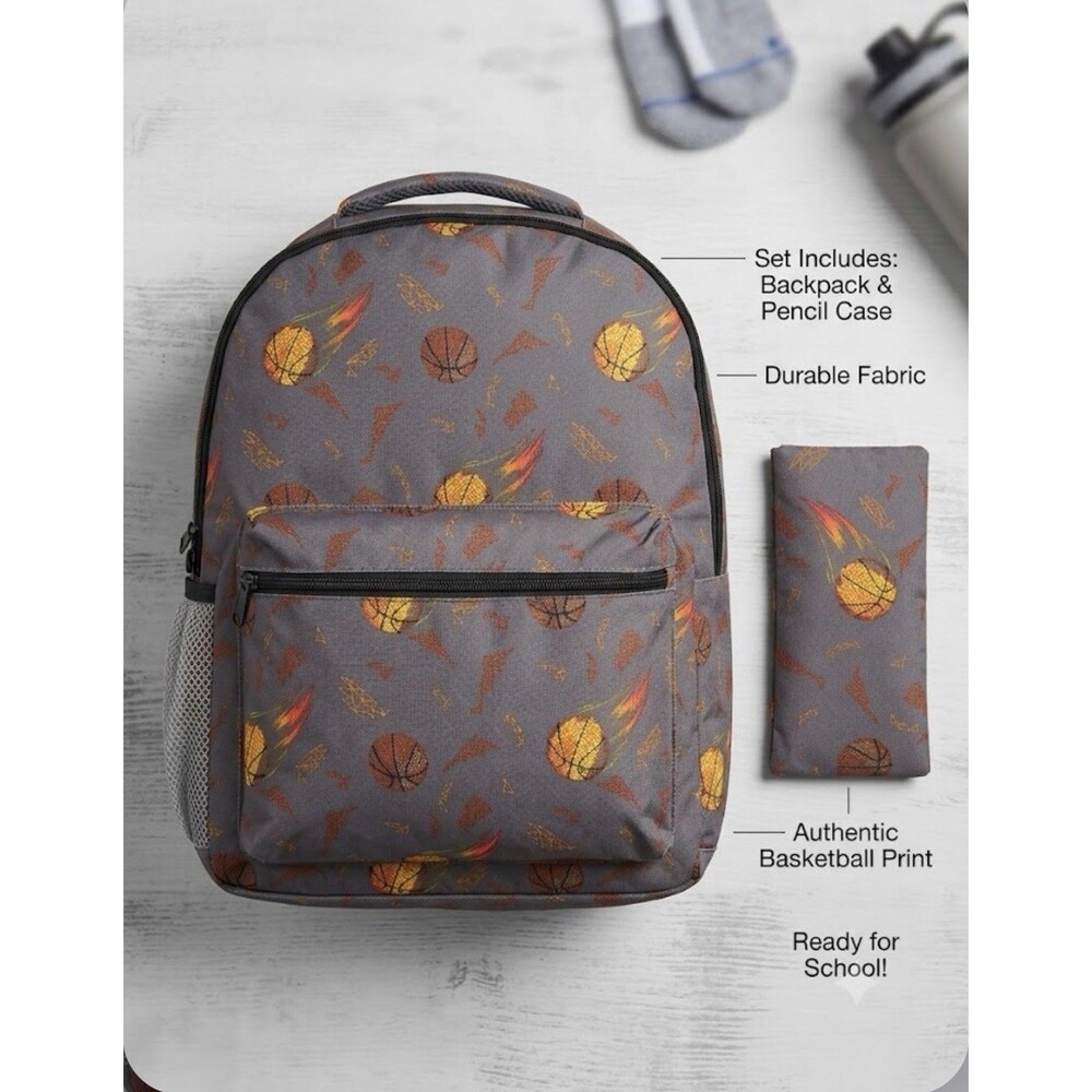 Kids Basketball Backpack & Pencil Case Set | Flaming Basketball Print School Bag